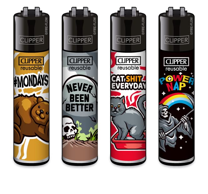 Clipper® Lot de 4 Briquets Mix Slogan – Design Unicité, Portable & Réputés pour la Qualité