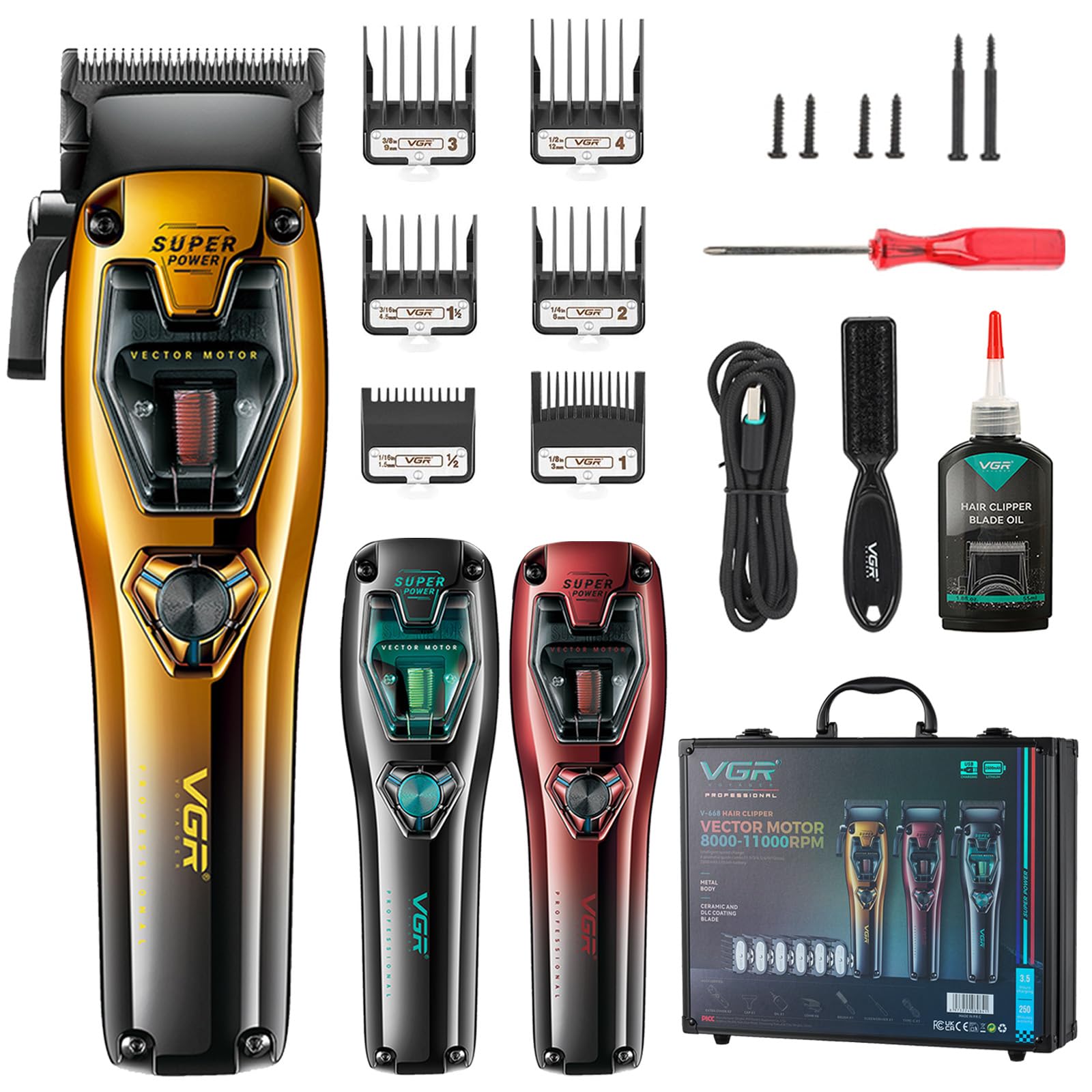 VGR 668 - Tondeuse Cheveux Hommes Professionnel - Avec Moteur Vectoriel - Recharge USB - 11 000 tr/min - Boîtier Remplaç