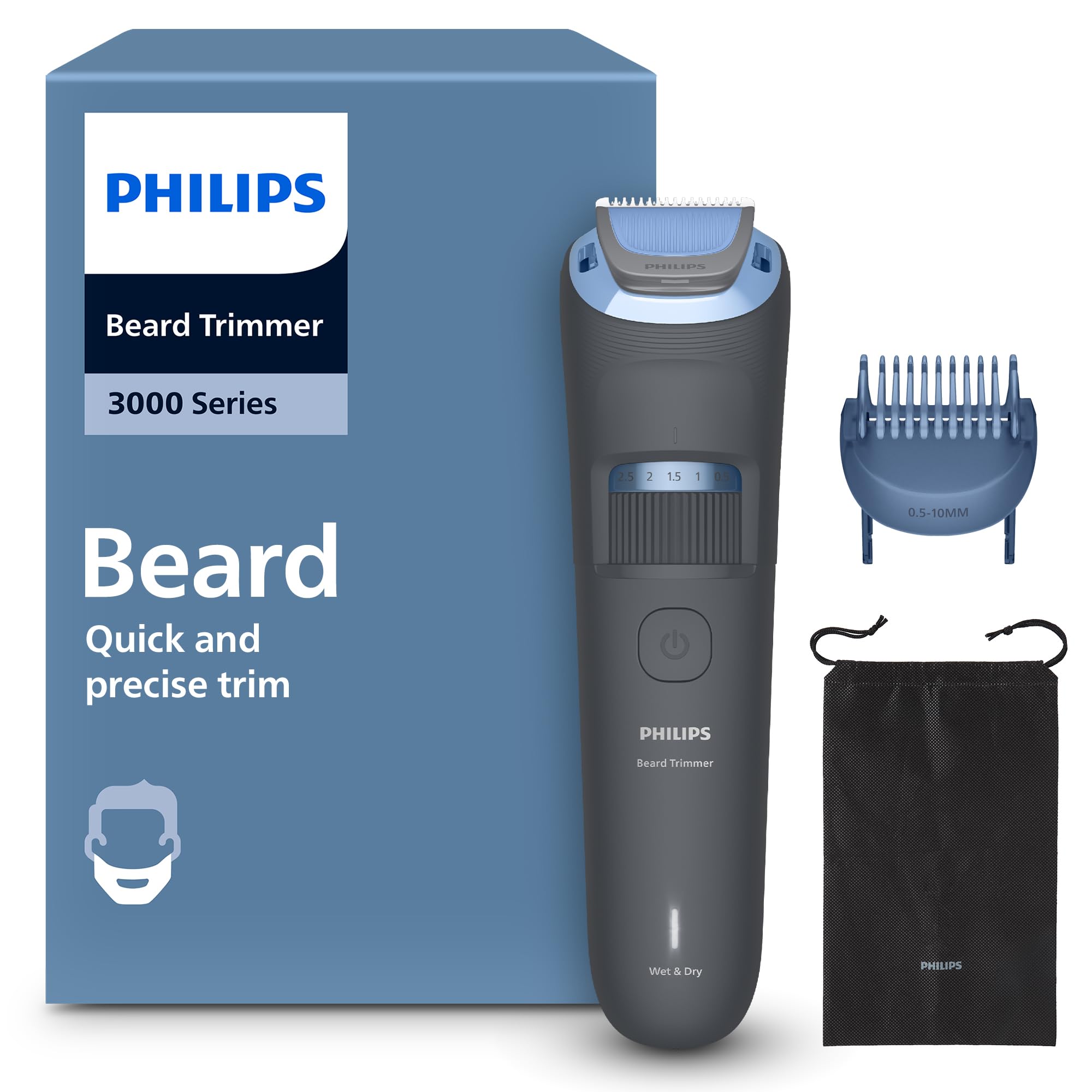 Philips Tondeuse à barbe série 3000 - Lames angles arrondis, 20 hauteurs de coupe réglables, Indicateur d'autonomie
